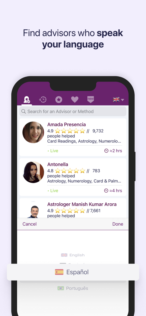 Fortunica App-Oberfläche mit psychischen Beratern und einem Menü zur Sprachauswahl, wobei Spanisch hervorgehoben ist