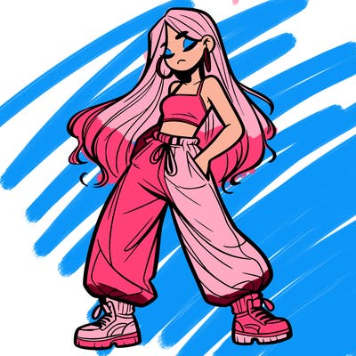 girl in baggy pants crop top and long hair