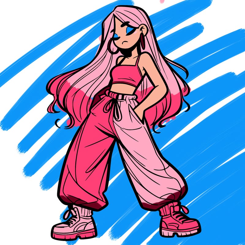 girl in baggy pants crop top and long hair