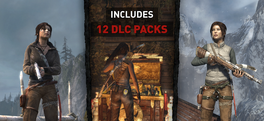 Una imagen promocional del juego Tomb Raider para iOS que muestra a Lara Croft en varios atuendos y declara que incluye 12 paquetes de DLC.