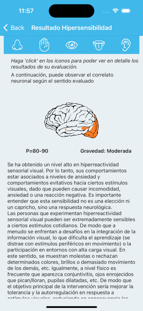 INCE - Pantalla de la aplicación INCE que muestra resultados moderados de hipersensibilidad visual con un diagrama cerebral e íconos sensoriales.