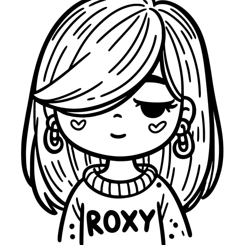 a girl that has hair covering her left eye, she has earrings, a comfy sweater saying the word “roxy”