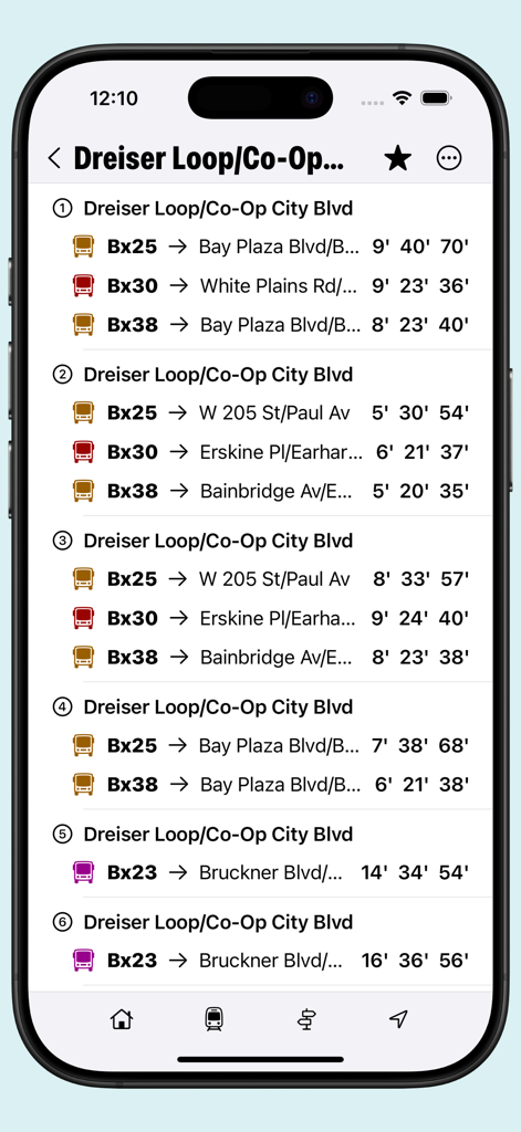 Transit: offline schedules - Mobile app screen showing offline bus schedules and arrival times for New York City routes