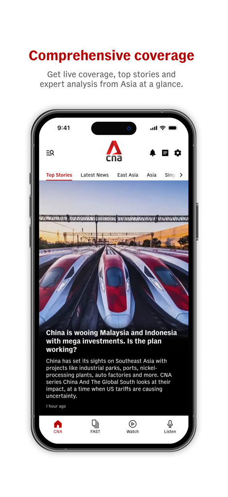 CNA (Channel NewsAsia) - Interface do aplicativo de notícias CNA mostrando manchetes de notícias asiáticas e principais histórias.