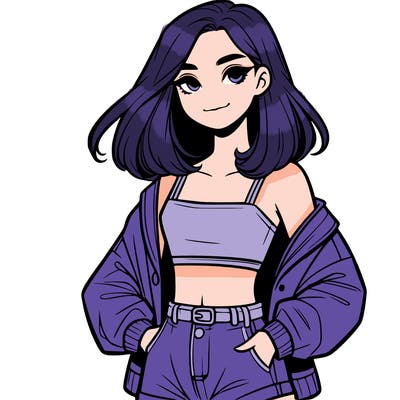 a realistic girl with a crop top and short shorts in an open jacket