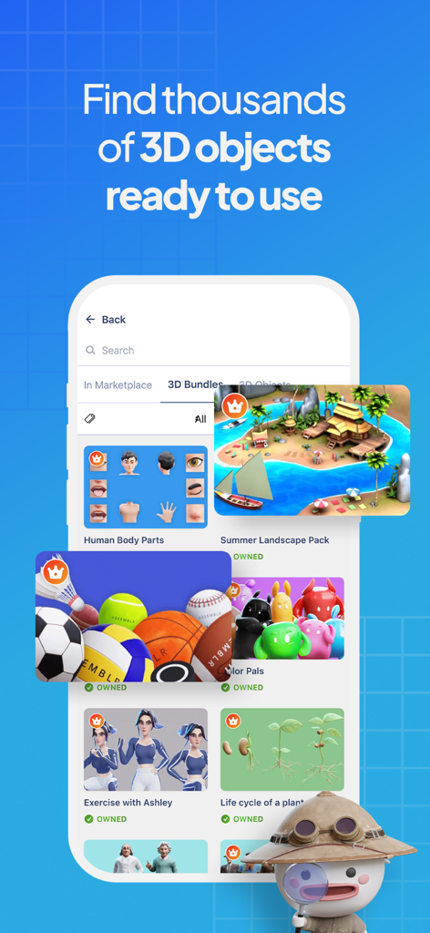 Mobile App-Bildschirm mit einer riesigen Bibliothek von 3D-Objektpaketen in Assemblr Studio für AR-Projekte