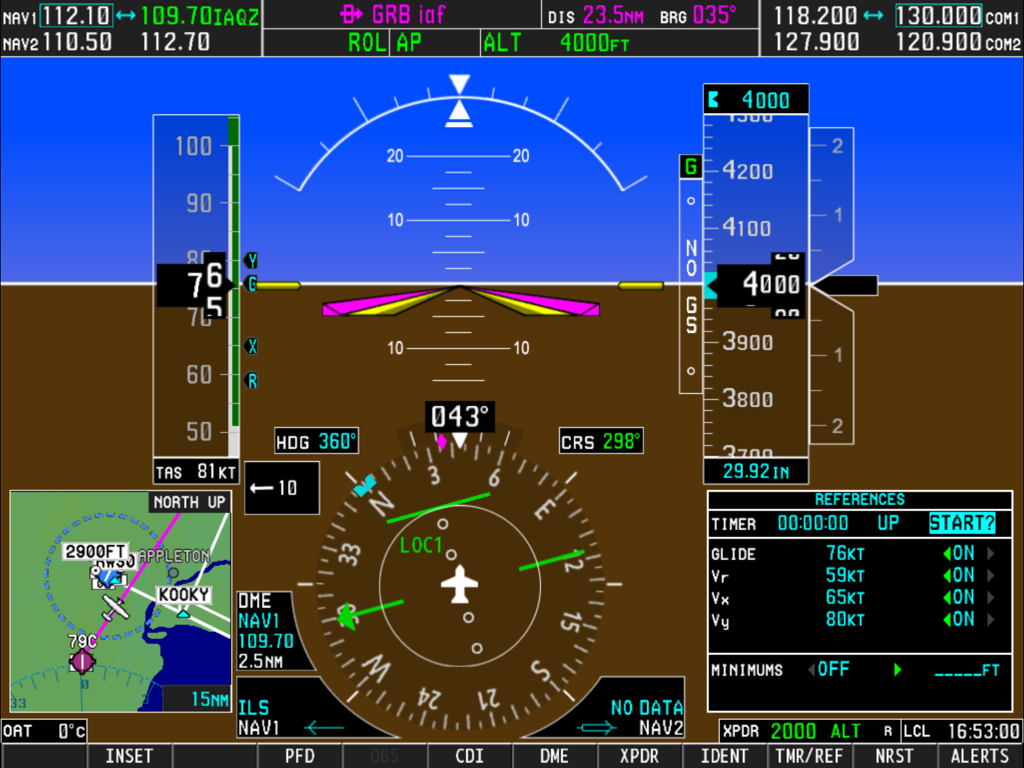 Interfaz de Pantalla de Vuelo Primaria Simionic G1000 con instrumentos de aviación y un mapa de navegación incrustado