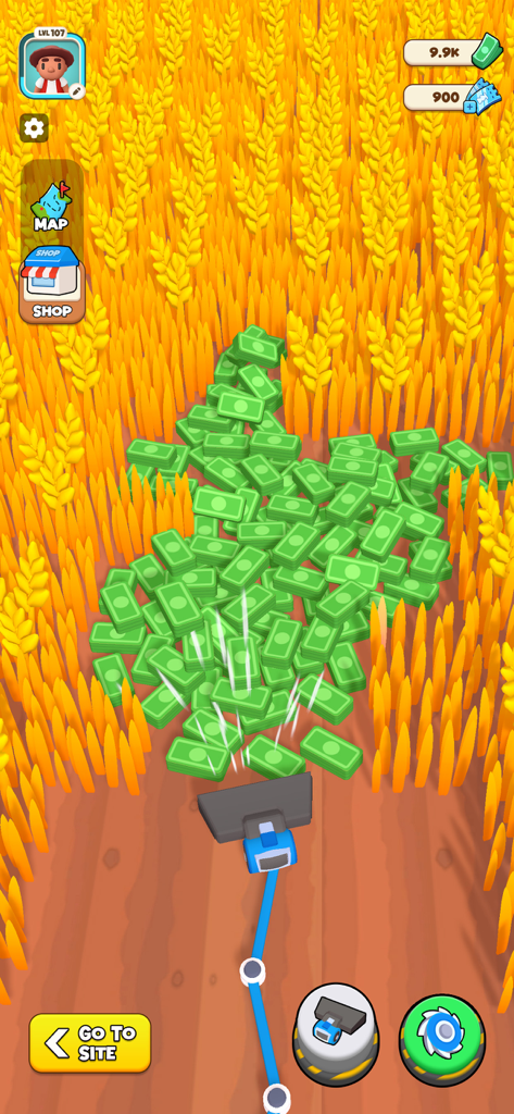 Farm Crusher - Idle Game - Blue machine harvesting yellow wheat and leaving piles of cash in Farm Crusher idle game