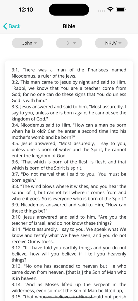 Daily Fountain Devotional - Daily Fountain Devotional app screen displaying the Bible text of John chapter 3 in NKJV version.