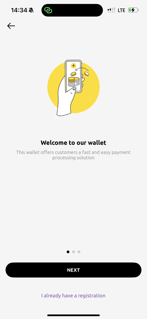 SaoWallet - SaoWallet welcome screen with an illustration of a hand holding a smartphone and gold coins