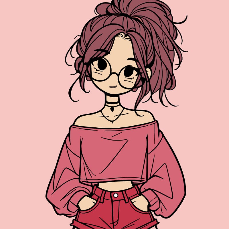 girl with a messy ponytail glasses a baggy crop top and jean shorts