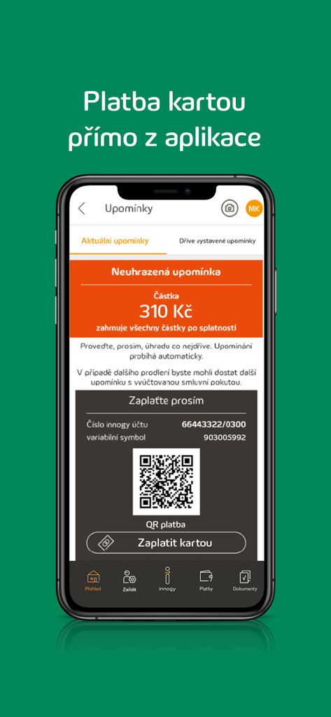 innogy innosvět - Interface of the innogy innosvět app showing an unpaid bill reminder with QR code and card payment options