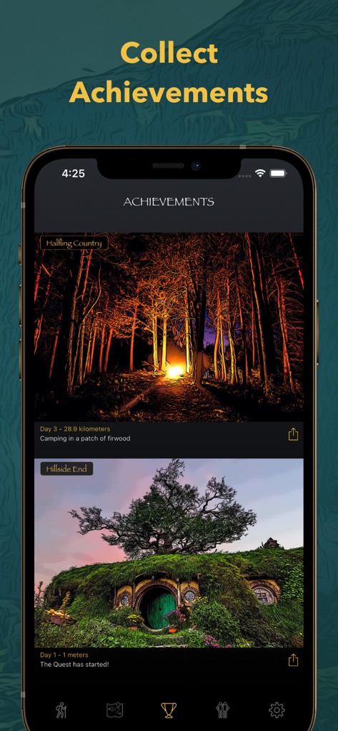 숲속 캠프파이어와 하플링 구멍의 아름다운 일러스트를 보여주는 판타지 하이킹 앱 업적 화면