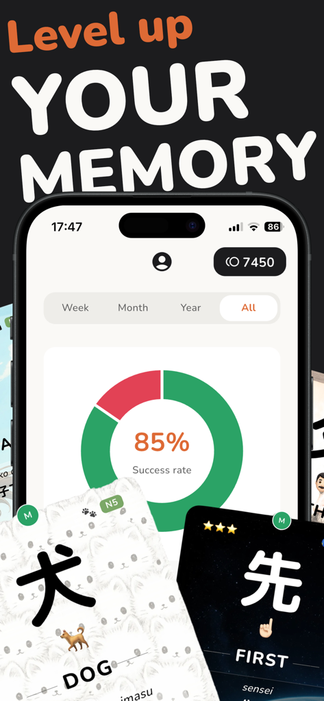 Kanjidon - Kanji Flashcards - Interfaz de la aplicación Kanjidon mostrando el índice de éxito del aprendizaje de kanji y las tarjetas coleccionables