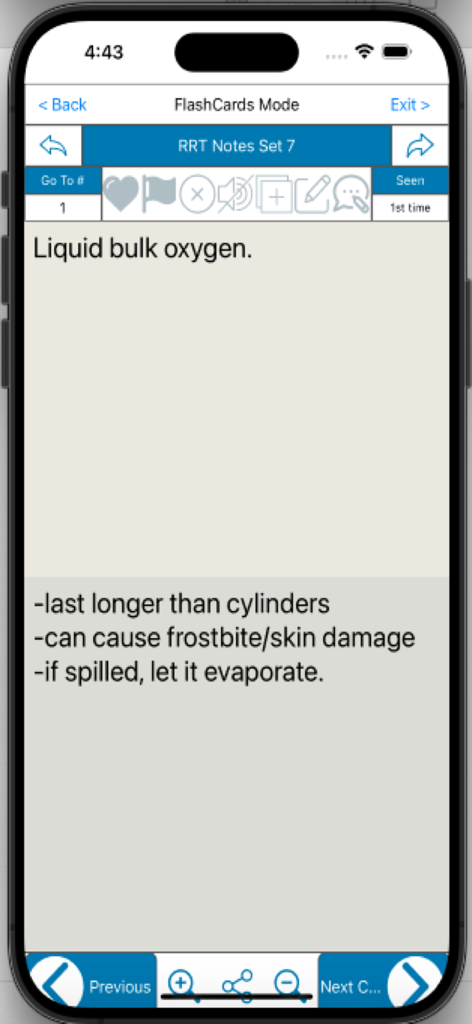 Tarjeta de memoria de la aplicación móvil que muestra datos sobre oxígeno líquido a granel para el estudio de terapia respiratoria.