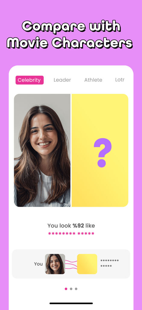Star by Face·Celeb Lookalike - Captura de pantalla de la app Star by Face que muestra una comparación de rostros con personajes de películas y categorías como Celebridad, Líder y Atleta.