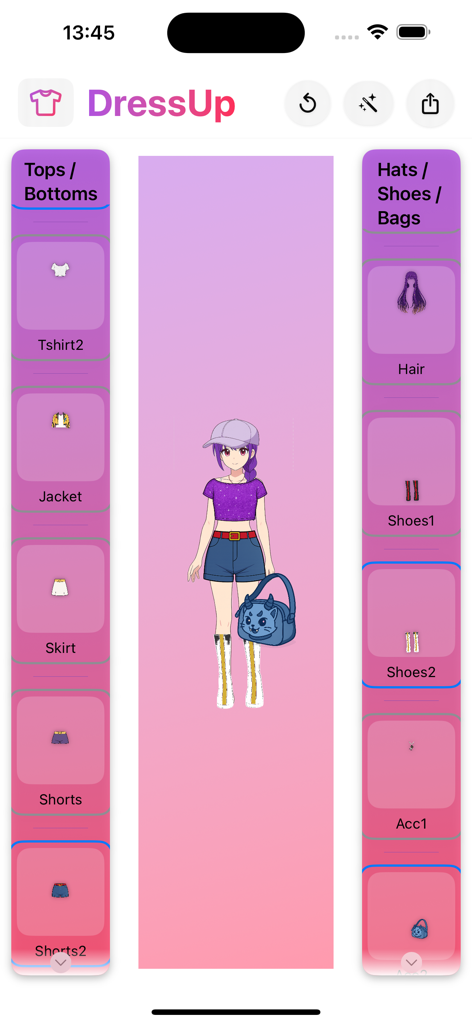 Rumi Hundrix: Dress Up Game - Interface of the Rumi Hundrix dress up game showing an anime character with clothing and accessory selection menus