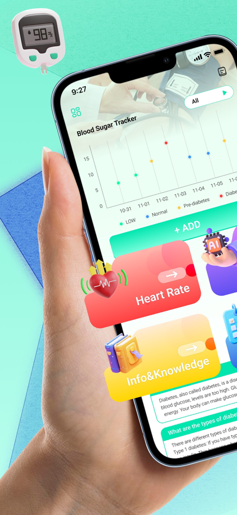 Blood Sugar Tracker-AI Health - Una persona sosteniendo un teléfono inteligente que muestra la aplicación Blood Sugar Tracker con un gráfico de niveles de glucosa y categorías de salud