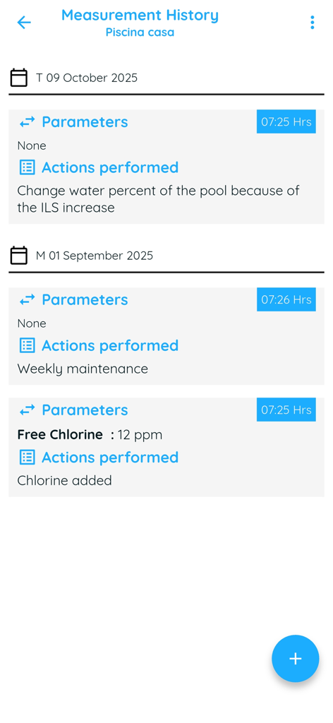 Swimming Pool Calculator - 測定履歴画面。プールメンテナンスアクションと化学薬品レベルのログが表示されます。