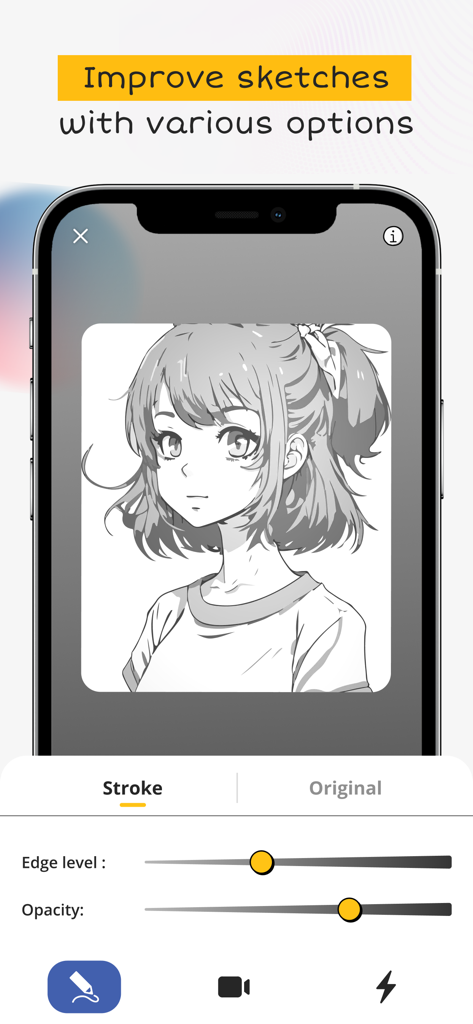 AR Sketch Studio - AR Sketch Studio app interface showing anime girl sketch with opacity and edge level sliders