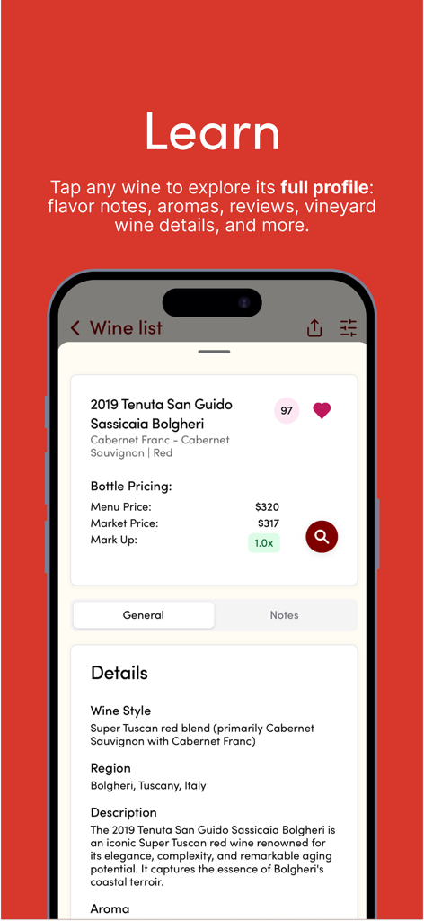 Smartphone screen showing the Wine Find app wine profile with critic scores and market pricing analysis for a red wine