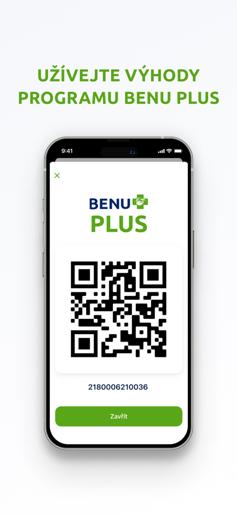 Una pantalla de smartphone que muestra la tarjeta de fidelidad digital BENU PLUS con un código QR para beneficios en farmacia.