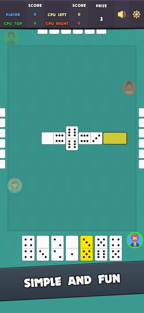 Dominoes: Classic Dominos Game - A classic dominoes game in progress on a clean green digital board with clear avatars and score tracking.