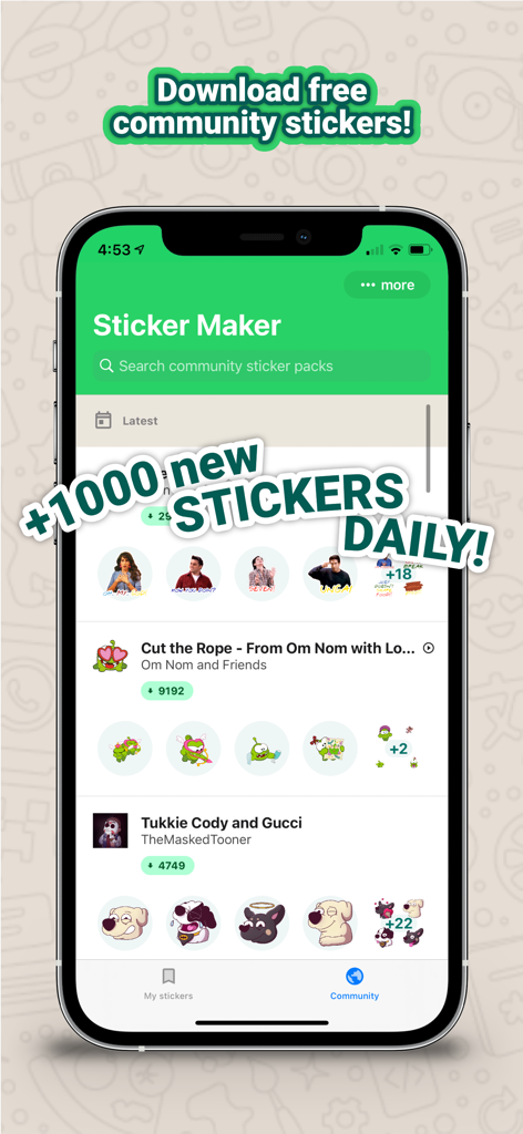 Sticker Maker Studio App-Oberfläche, die verschiedene Community-Sticker-Packs und tägliche Updates anzeigt.