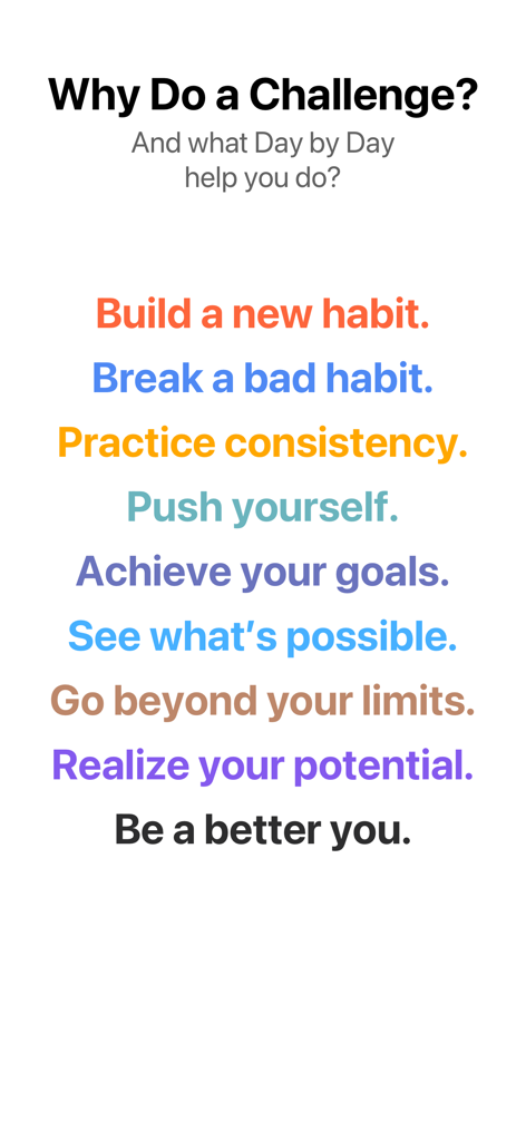 90 Day Challenge : Day by Day - A screen listing the benefits of a challenge such as building habits and achieving goals
