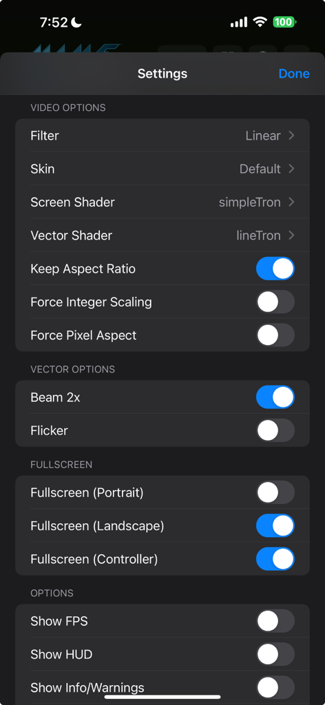 Advanced video and vector options in the ArcadeMania settings menu including shaders and aspect ratio controls