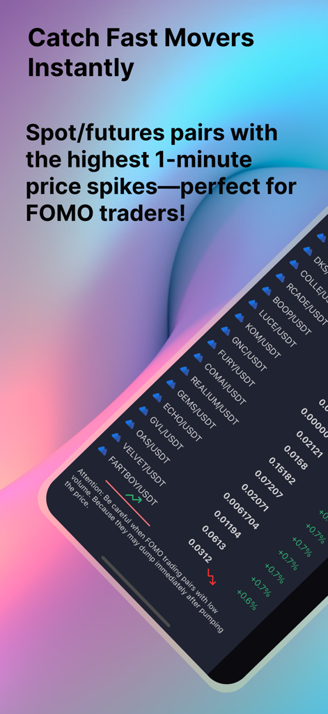 Crypto Fomo app screen showing real-time 1-minute price spikes for various cryptocurrency trading pairs