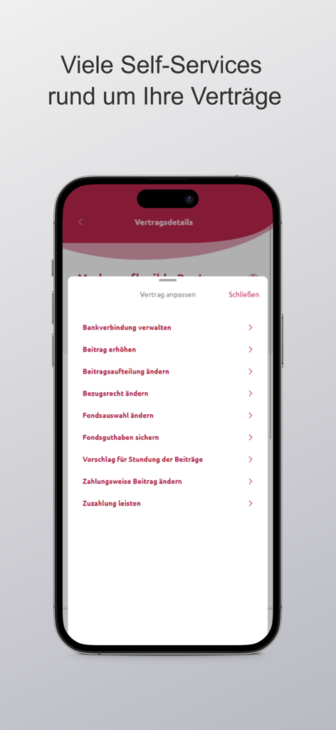 fin4u - Interface do aplicativo móvel fin4u exibindo um menu de autoatendimento para gerenciar detalhes de contratos de seguro e pagamentos