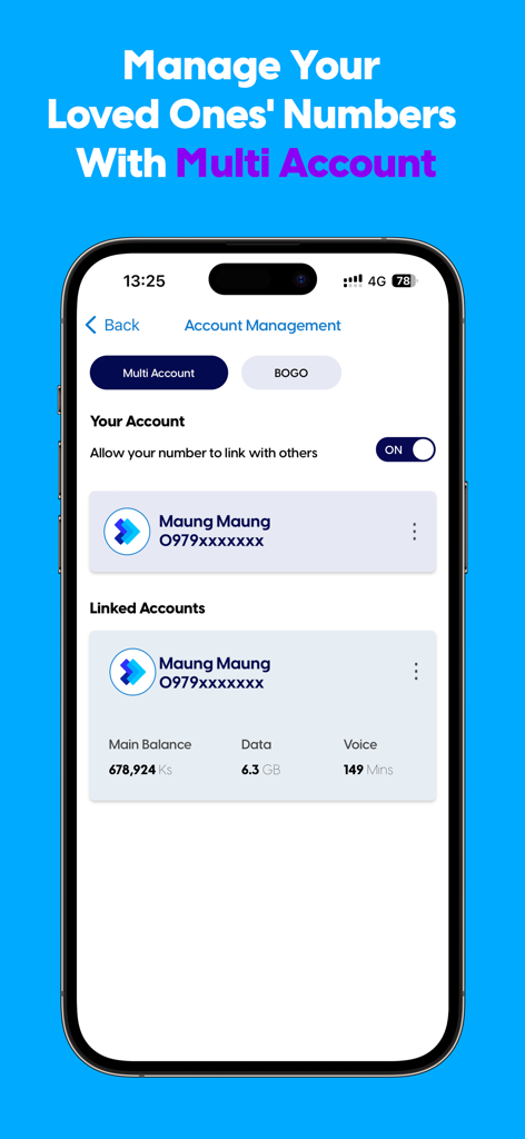 Pantalla de gestión de múltiples cuentas de la aplicación ATOM Store que muestra cuentas familiares vinculadas y saldos