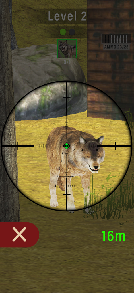 Animal Shooter: Wild Hunt - Visão da mira de sniper mirando um lobo no jogo Animal Shooter Wild Hunt