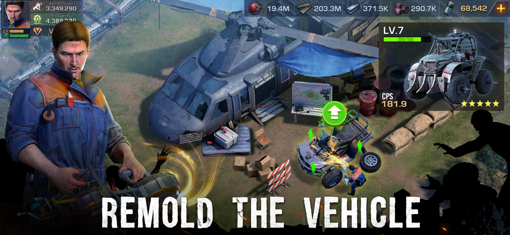 A survivor character modifying a combat vehicle at a base in State of Survival