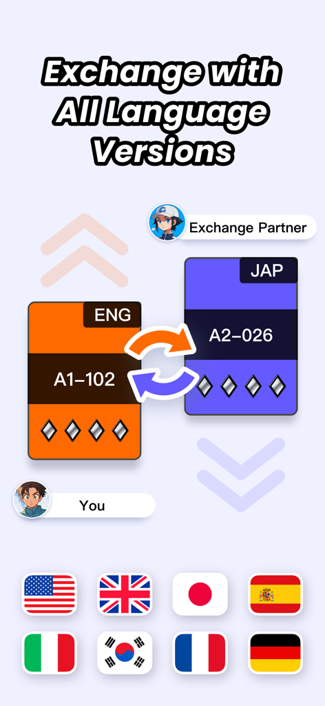 PokeHub - for TCG Pocket - Funzione di scambio di carte globali che mostra lo scambio tra carte inglesi e giapponesi con bandiere internazionali