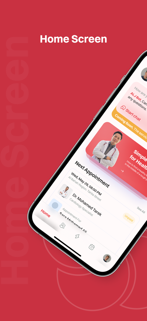 Abdul Latif Jameel Hospital - Pantalla de inicio de la aplicación del Hospital ALJ que muestra próximas citas y servicios de atención médica.