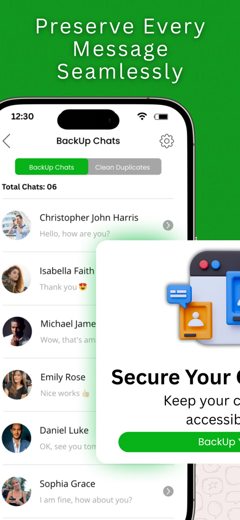 Interfaz de la aplicación BackUp Chat que muestra una lista de conversaciones archivadas y una indicación de copia de seguridad segura.