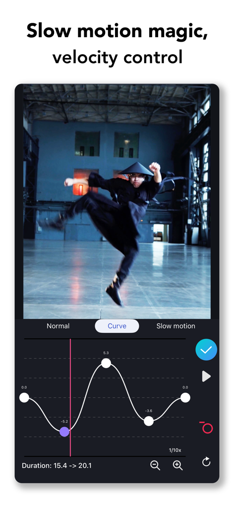 ClipIt - Video Maker & Editor - ClipIt-App-Oberfläche, die das benutzerdefinierte Geschwindigkeitskurven-Tool zur Bearbeitung professioneller Zeitlupeneffekte zeigt.