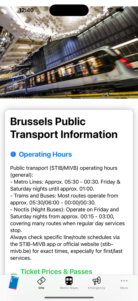 브뤼셀 대중교통 정보 화면으로 지하철 및 버스 운영 시간을 보여줍니다.
