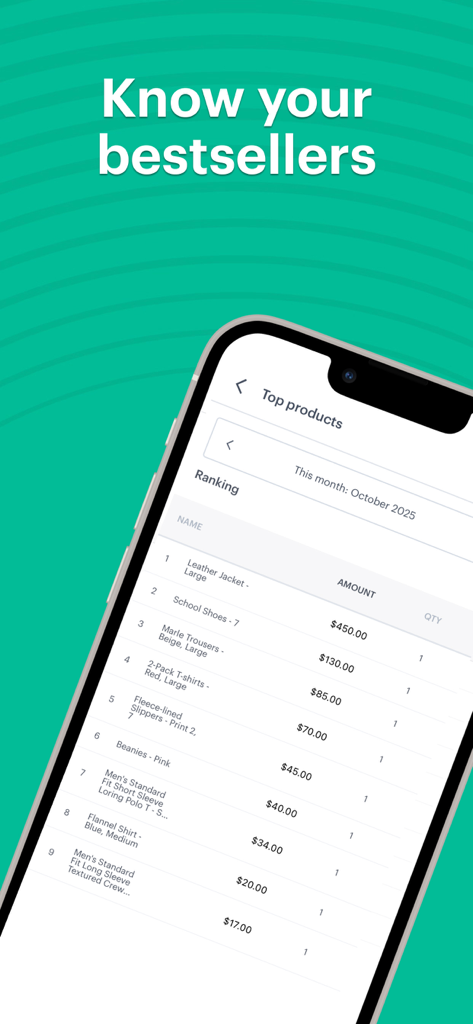 Kyte: POS, Inventory and Store - Kyte app screen showing a monthly ranking of top-selling products with sales amounts and quantities