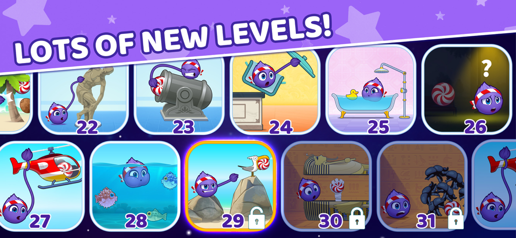 Catch the Candy 2 - A menu screen for Catch the Candy 2 showing a grid of various physics-based puzzle levels with Fluffy.