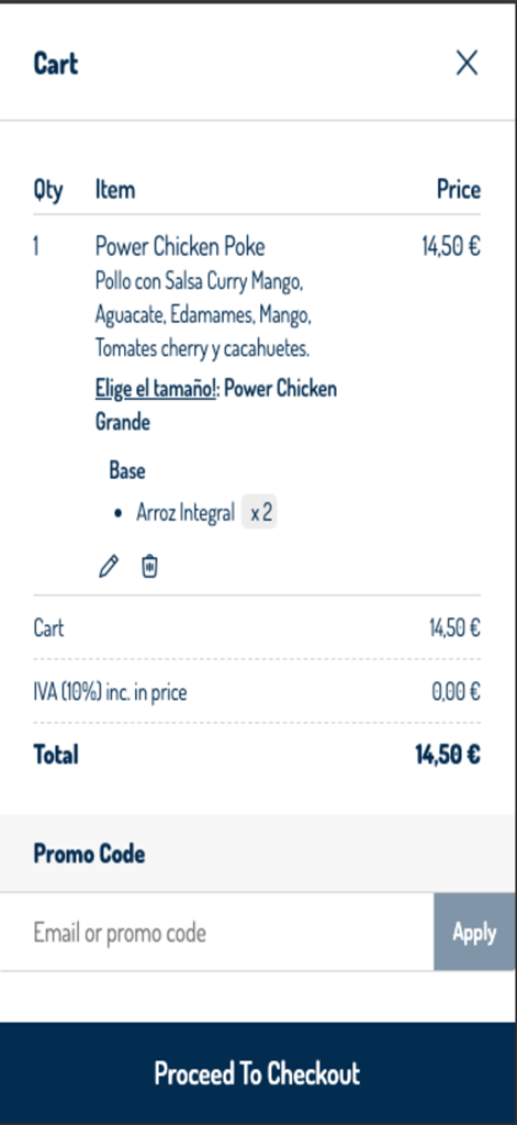 Pantalla del carrito de compras en la app Aloha Poké que muestra un bol Power Chicken Poke listo para pagar.