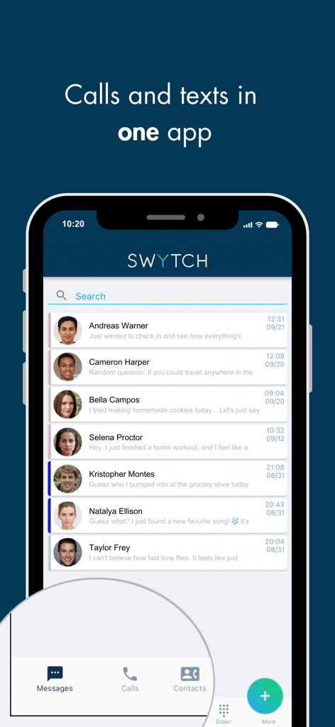 Swytch - Multiple numbers - Swytch app interface showing a list of business messages and contacts