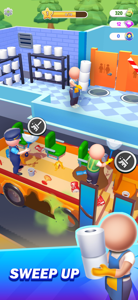 Terminal Master - Bus Tycoon - A 3D arcade idle game scene showing characters cleaning a bus and restocking toilet paper in a terminal