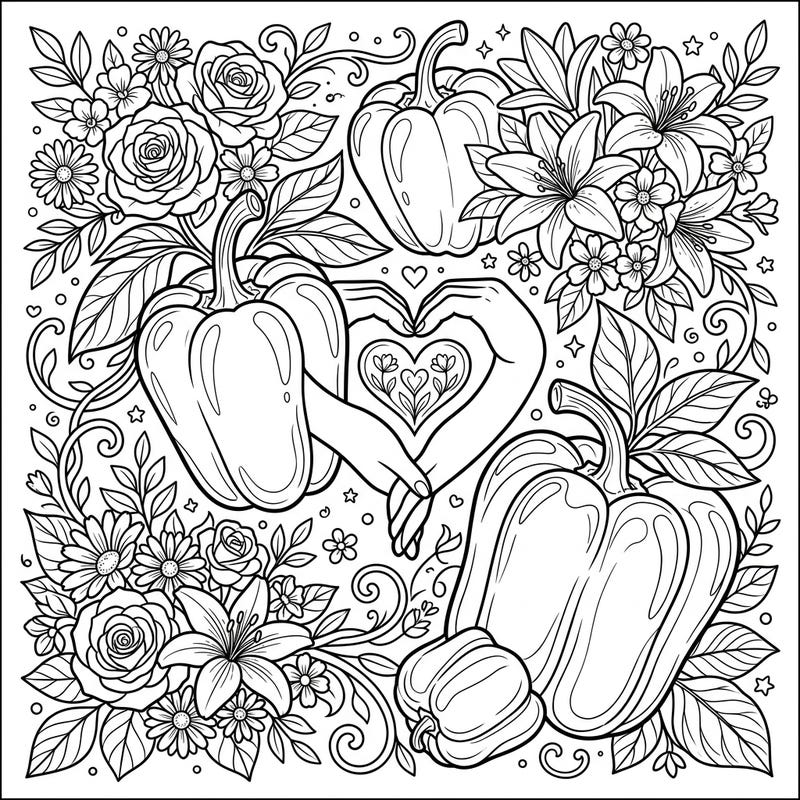 Express your love this Mother's Day with a delightful coloring page featuring crisp bell peppers, hands forming a heart, and a beautiful array of floral designs. This intricate line art offers a creative and heartwarming way to celebrate the special mothers in your life.