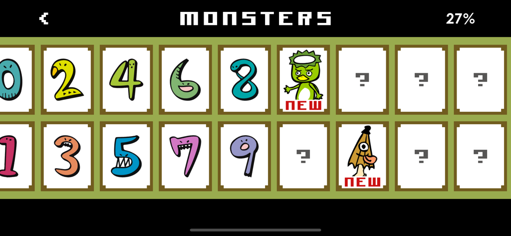 Math Ninjas - A gallery view in the Math Ninjas app showing a collection of monster themed numbers and character cards