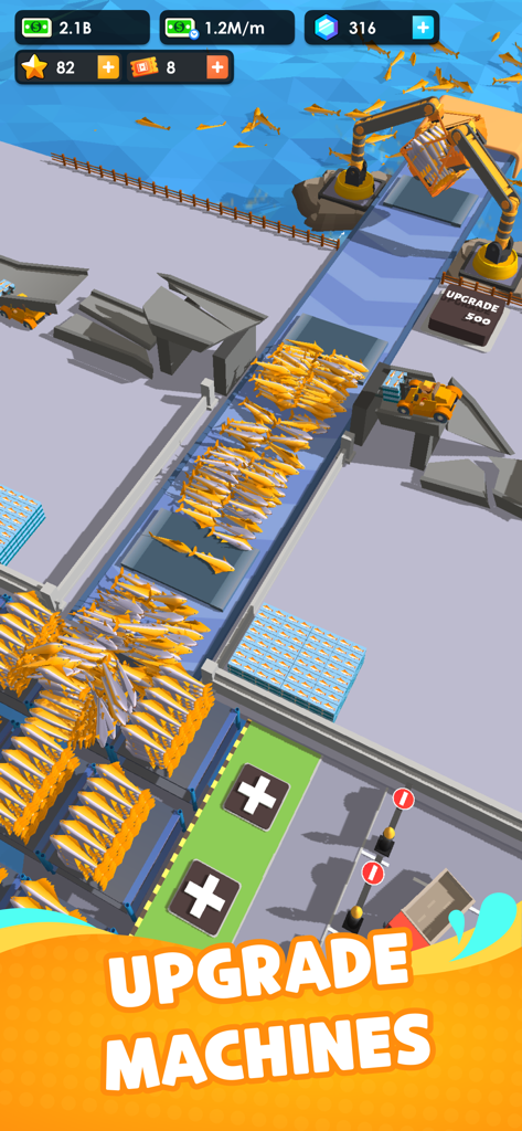 Seafood Inc - Screenshot di gioco di Seafood Inc che mostra una fabbrica di lavorazione del pesce con un nastro trasportatore e un braccio robotico.