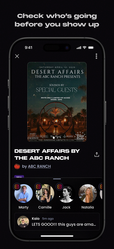 Plots - Host & Find Events - Interface of the Plots app displaying an event guest list with user profile pictures