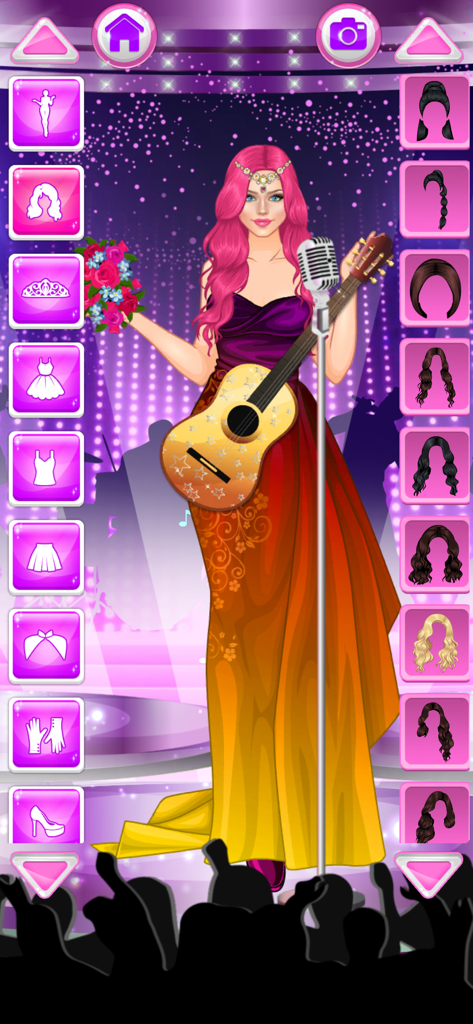 Una chica con pelo rosa actuando en un escenario con una guitarra en un juego de vestir de moda